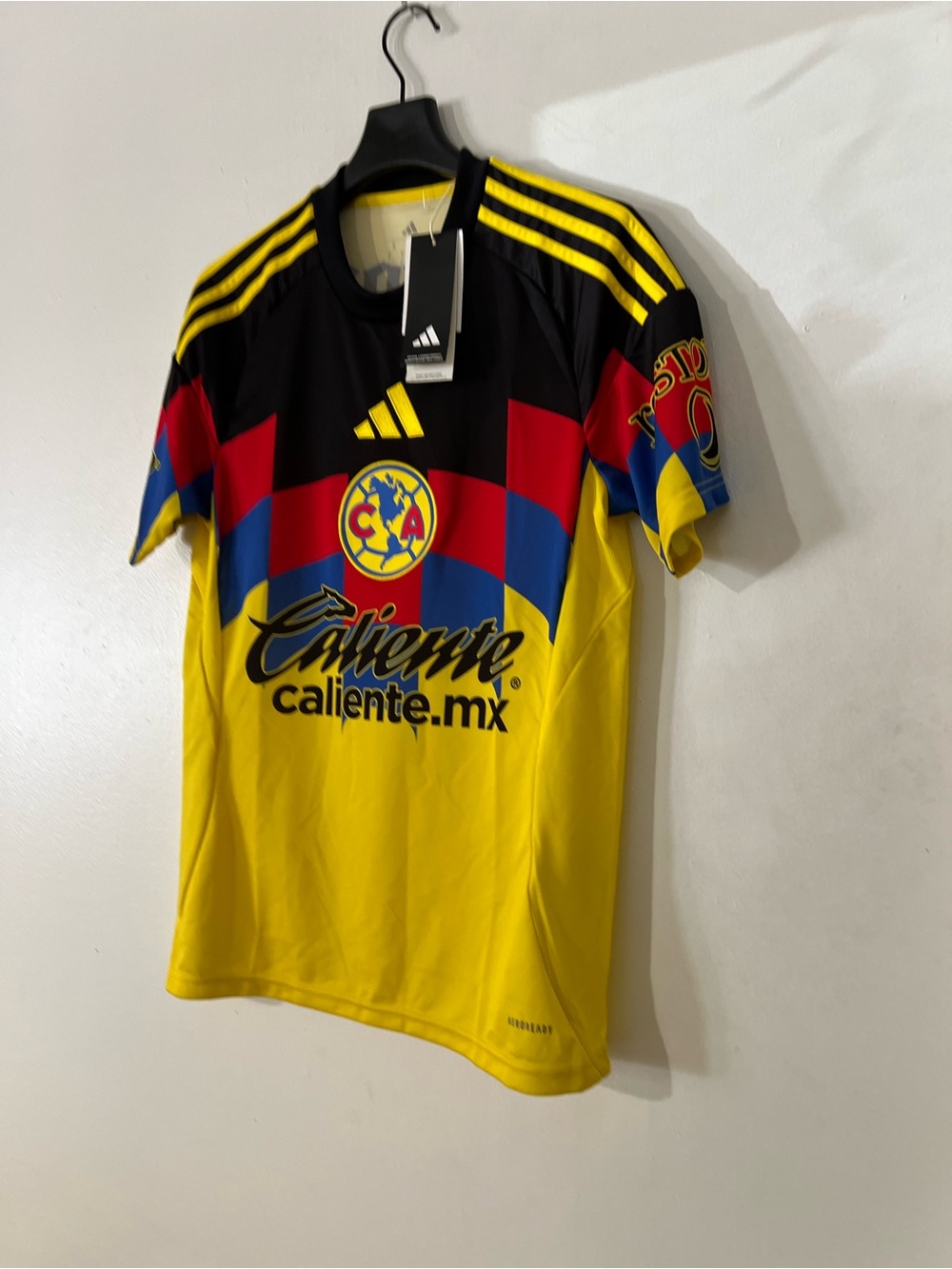 adidas Yellow Soccer Jersey with Red, Blue & Black Accents